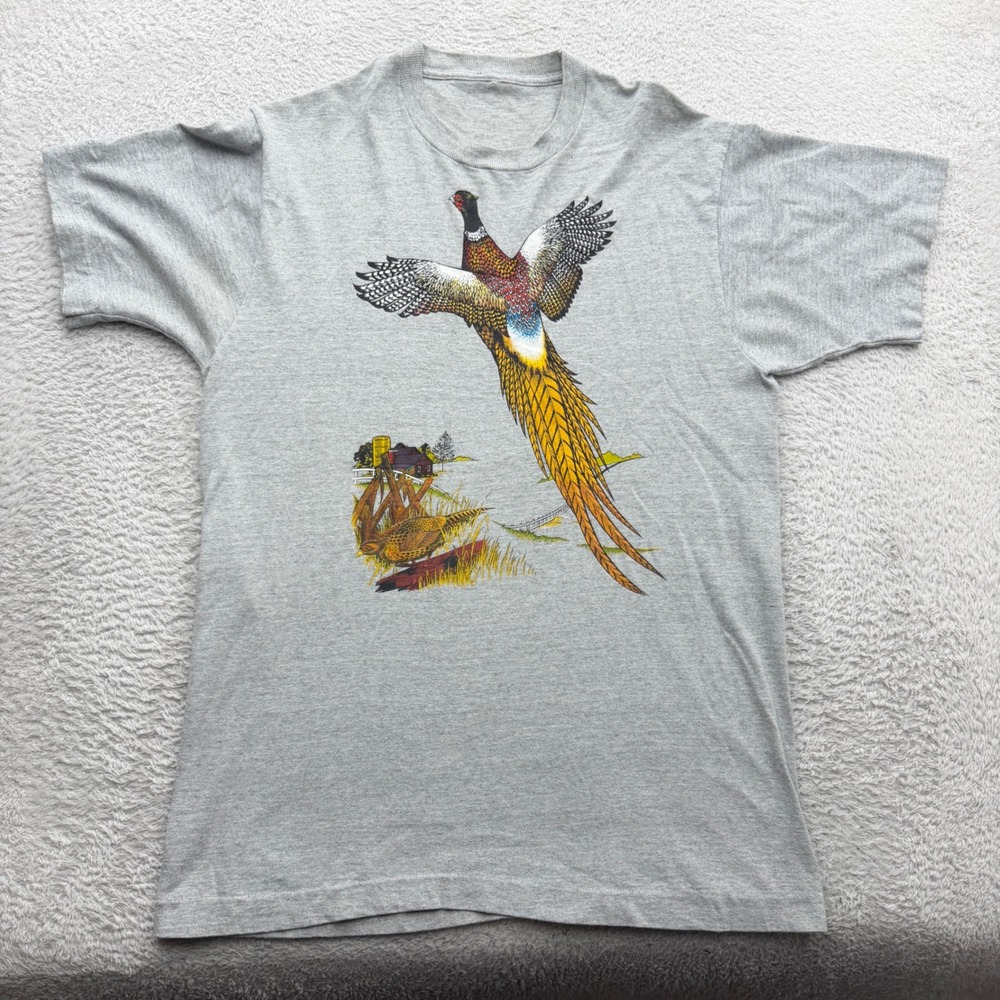 Vintage Pheasant Bird Nature Graphic T-Shirt Gray Single Stitch Mens XL